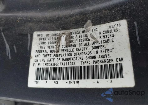 2015 Honda Accord Sport из США, поврежденный, VIN 1HGCR2F51FA111002